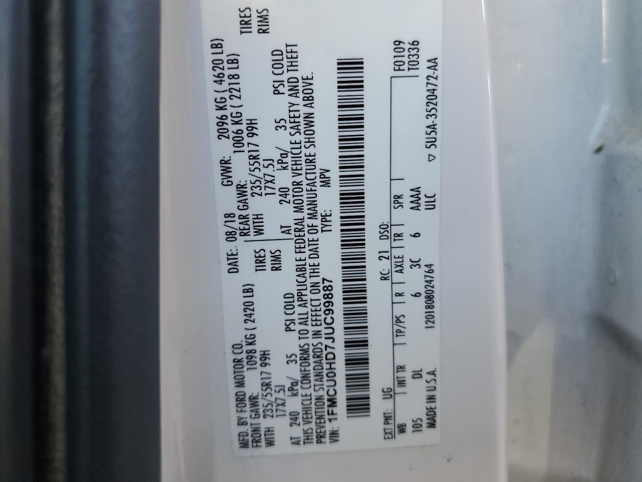 2018 Ford Escape VIN 1FMCU0HD7JUC99887 Copart auction photo, front end damage thumbnail 15