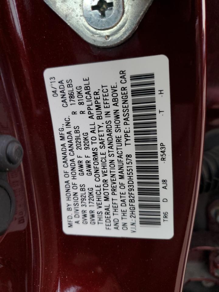 2013 Honda Civic VIN 2HGFB2F93DH551578 Copart auction photo, rear end damage thumbnail 12