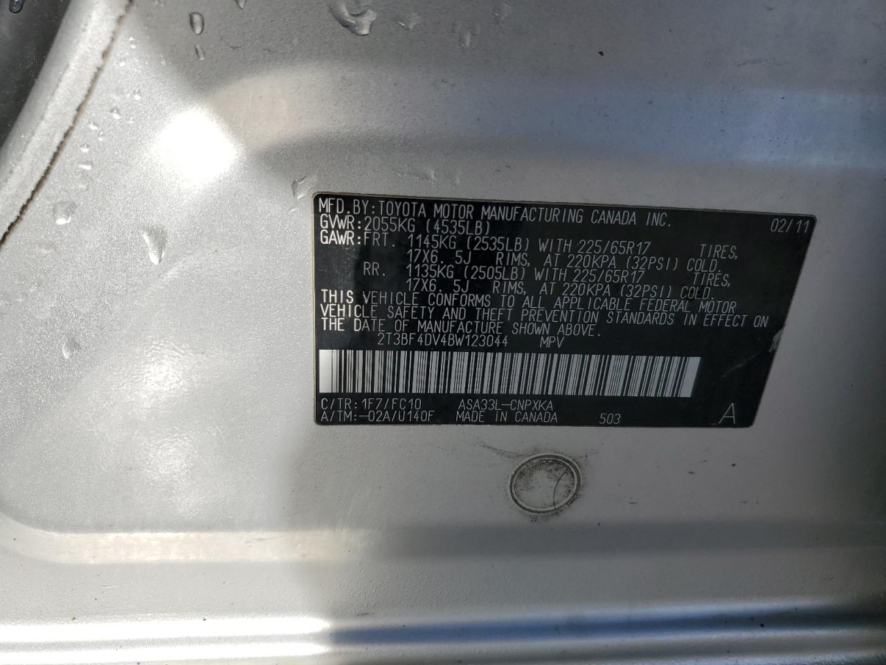 2011 Toyota RAV 4 VIN 2T3BF4DV4BW123044 Copart auction photo, front end / rear end damage thumbnail 13