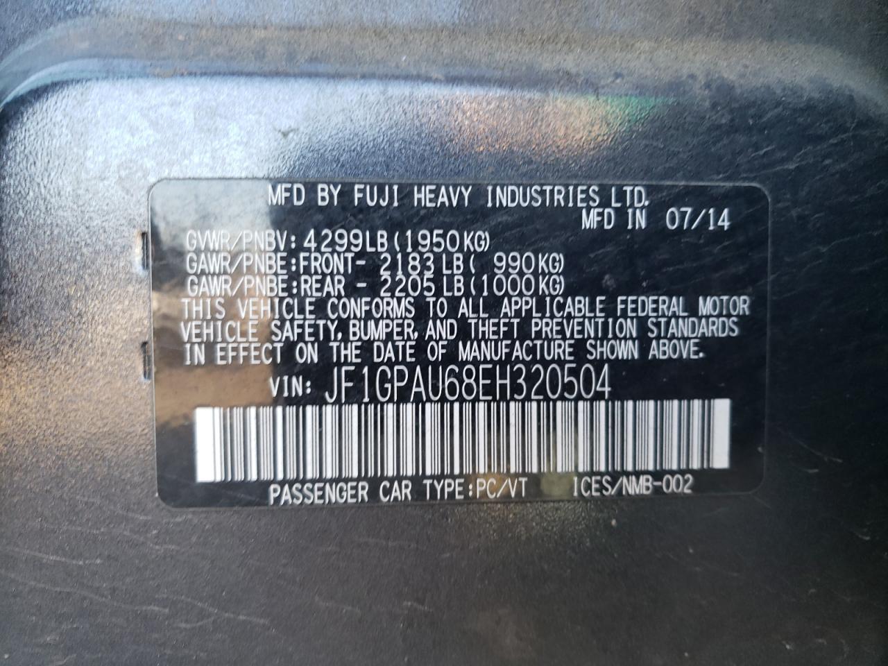 2014 Subaru Impreza VIN JF1GPAU68EH320504 Copart auction photo, front end damage thumbnail 13