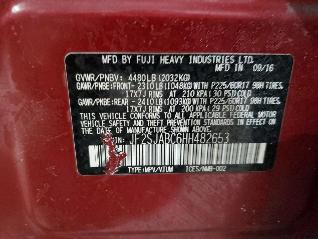 2017 Subaru Forester VIN JF2SJABC6HH482653 Copart auction photo, front end damage thumbnail 15