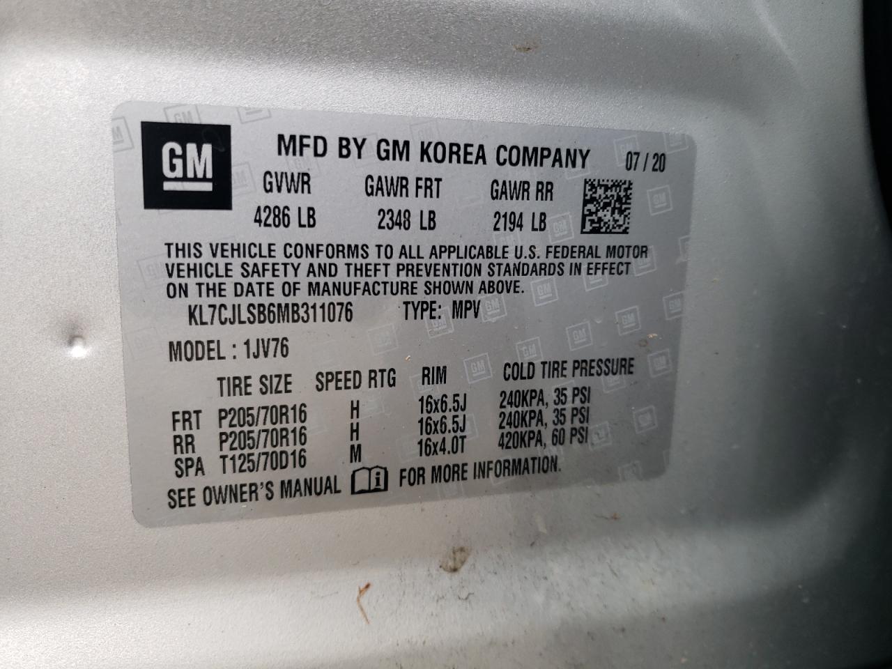 2021 Chevrolet Trax VIN KL7CJLSB6MB311076 Copart auction photo, side / rear end damage thumbnail 13