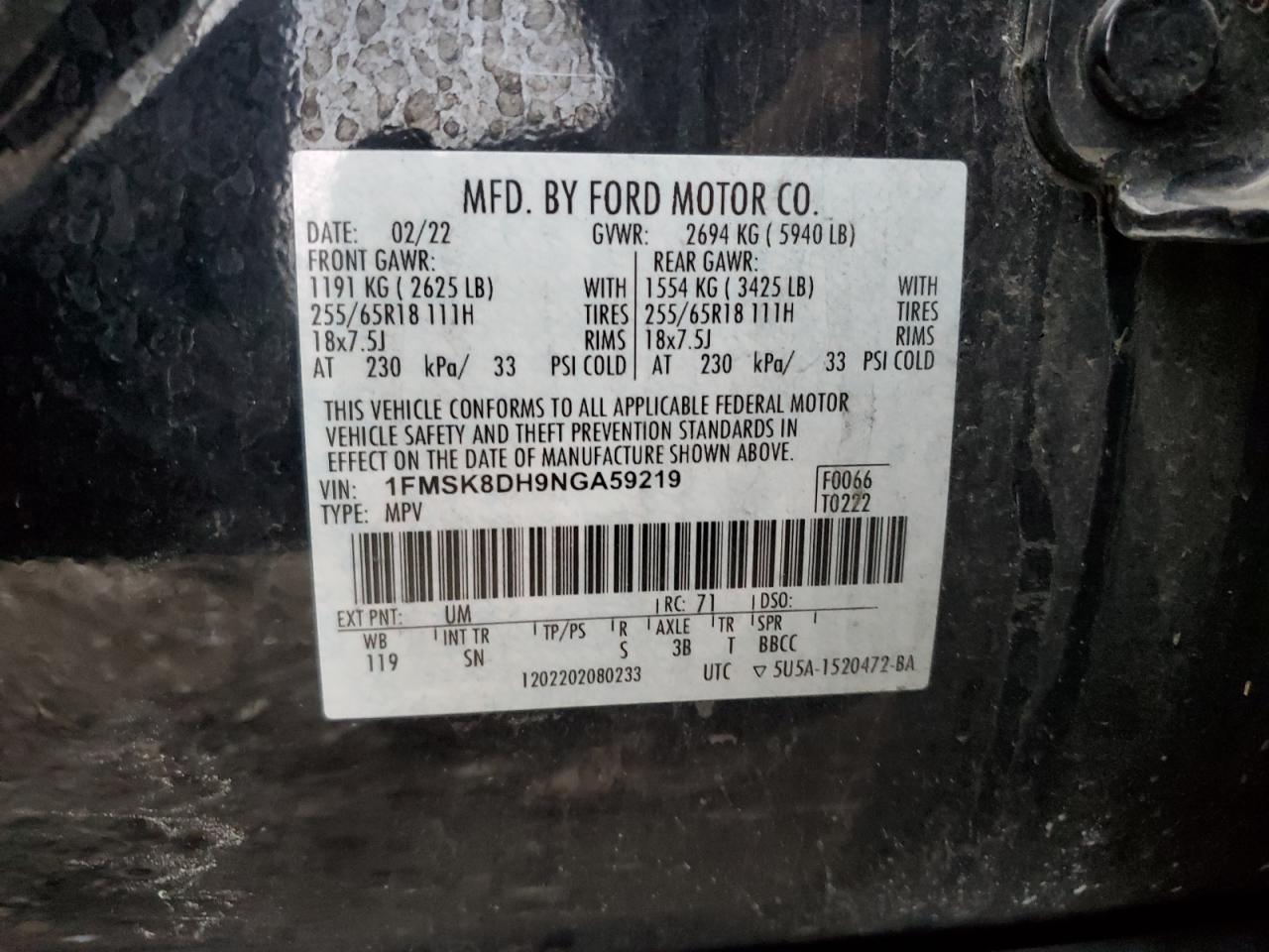 2022 Ford Explorer VIN 1FMSK8DH9NGA59219 Copart auction photo, front end / minor dent/scratches damage thumbnail 13