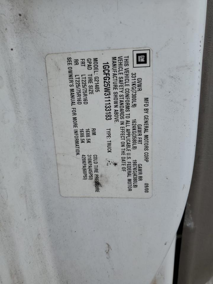 2001 Chevrolet Express VIN 1GCFG25W311133183 Copart auction photo, minor dent/scratches damage thumbnail 13