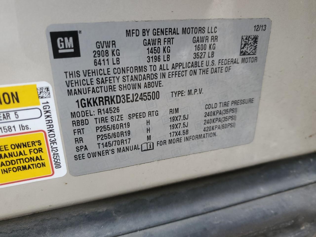 2014 GMC Acadia VIN 1GKKRRKD3EJ245500 Copart auction photo, front end damage thumbnail 13