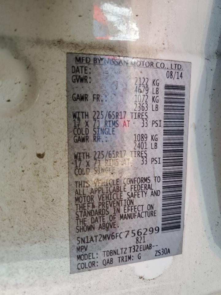 2015 Nissan Rogue VIN 5N1AT2MV6FC756299 Copart auction photo, side / rear end damage thumbnail 13