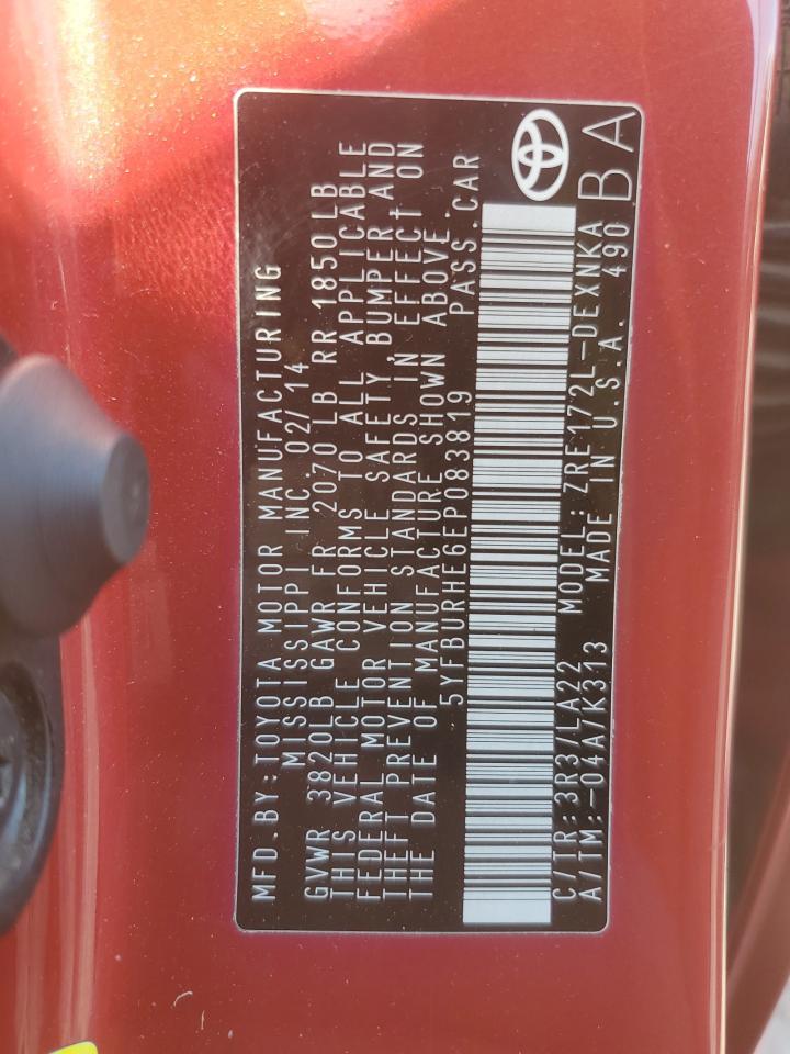 2014 Toyota Corolla VIN 5YFBURHE6EP083819 Copart auction photo, front end damage thumbnail 14