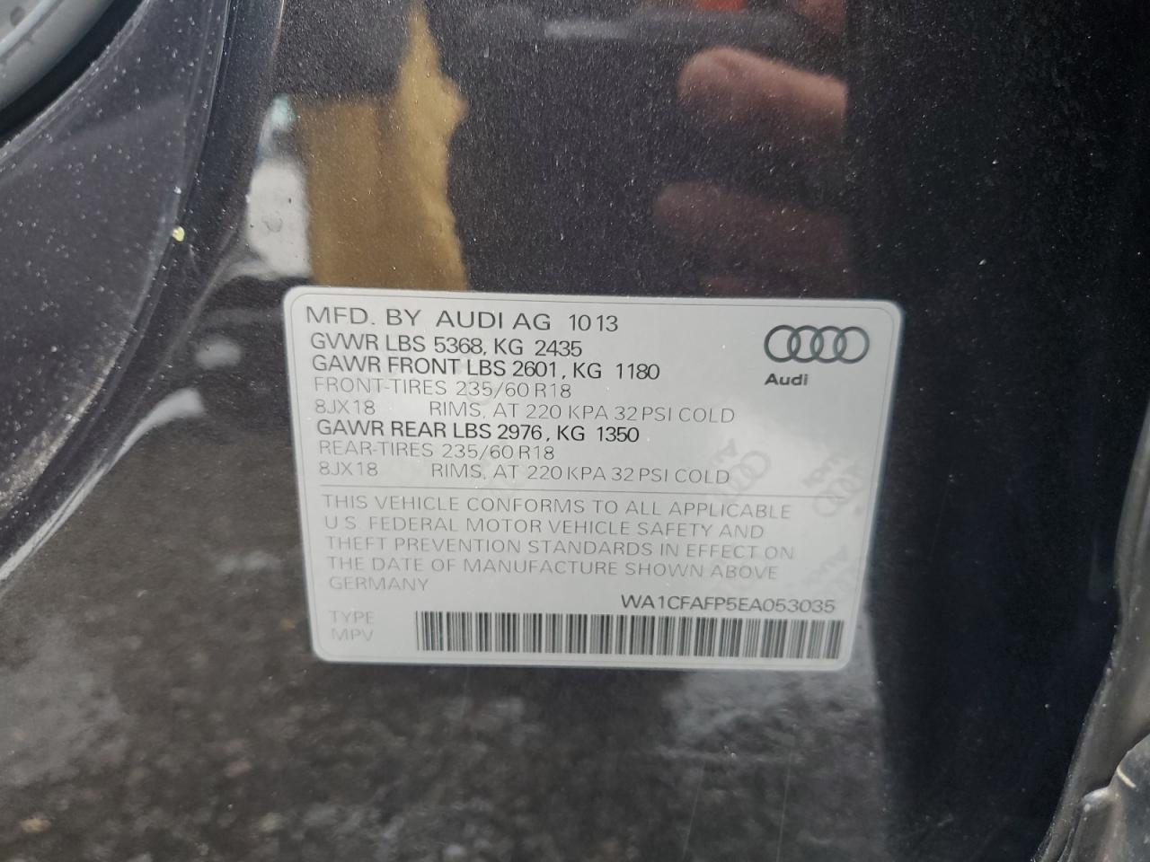 2014 Audi Q5 VIN WA1CFAFP5EA053035 Copart auction photo, front end damage thumbnail 15
