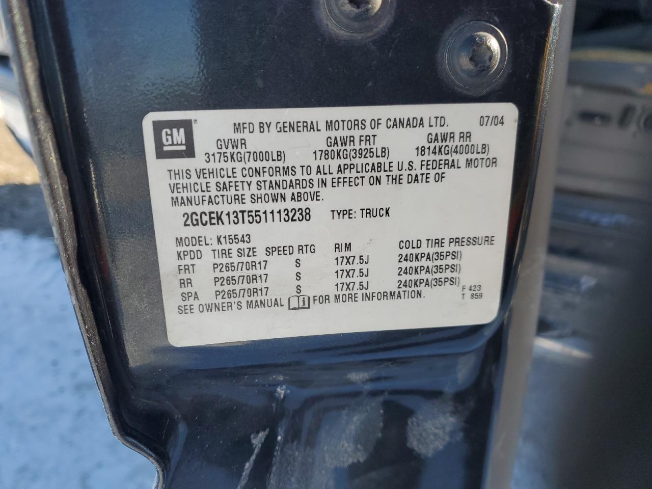 2005 Chevrolet Silverado VIN 2GCEK13T551113238 Copart auction photo, front end damage thumbnail 12