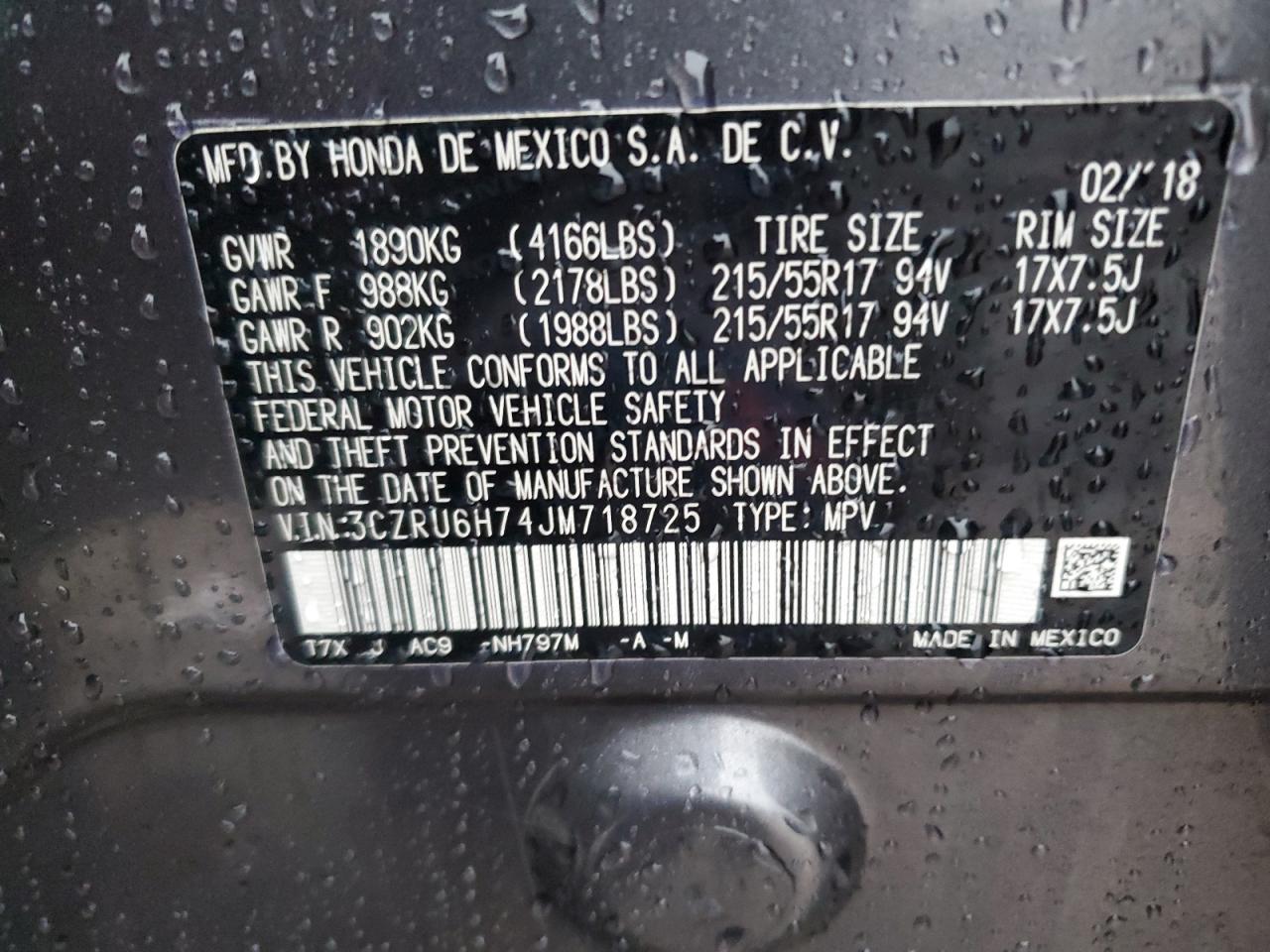 2018 Honda HR-V VIN 3CZRU6H74JM718725 Copart auction photo, front end damage thumbnail 16