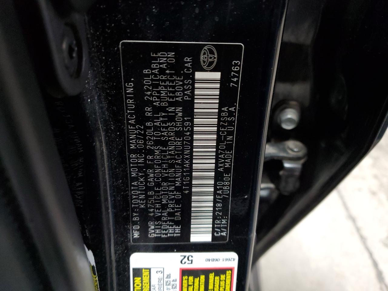 2022 Toyota Camry VIN 4T1G11AKXNU704591 Copart auction photo, rear end damage thumbnail 15