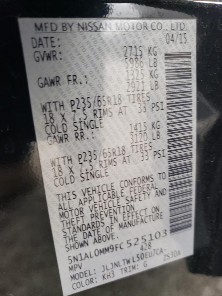 2015 Infiniti QX60 VIN 5N1AL0MM9FC525103 Copart auction photo, front end / minor dent/scratches damage thumbnail 15