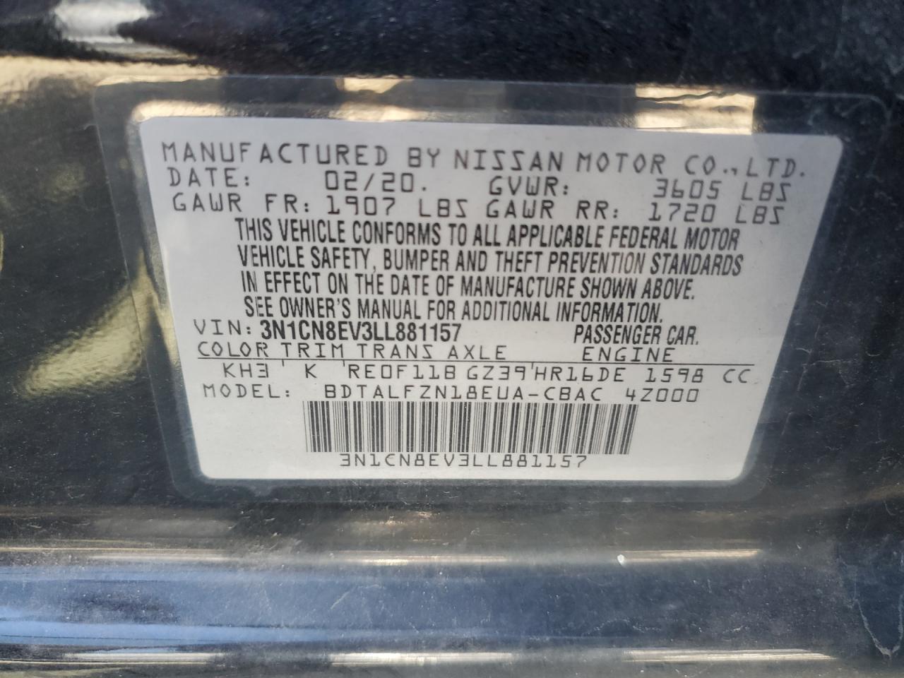 2020 Nissan Versa VIN 3N1CN8EV3LL881157 Copart auction photo, front end / minor dent/scratches damage thumbnail 13