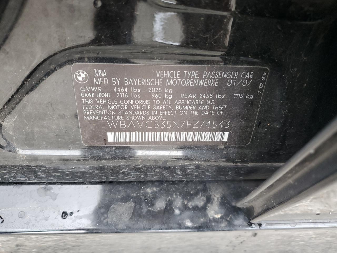 2007 BMW 3er VIN WBAVC535X7FZ74543 Copart auction photo, front end / rear end damage thumbnail 14