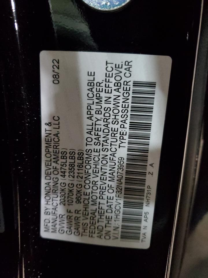 2022 Honda Accord VIN 1HGCV1F32NA073959 Copart auction photo, front end / side damage thumbnail 14