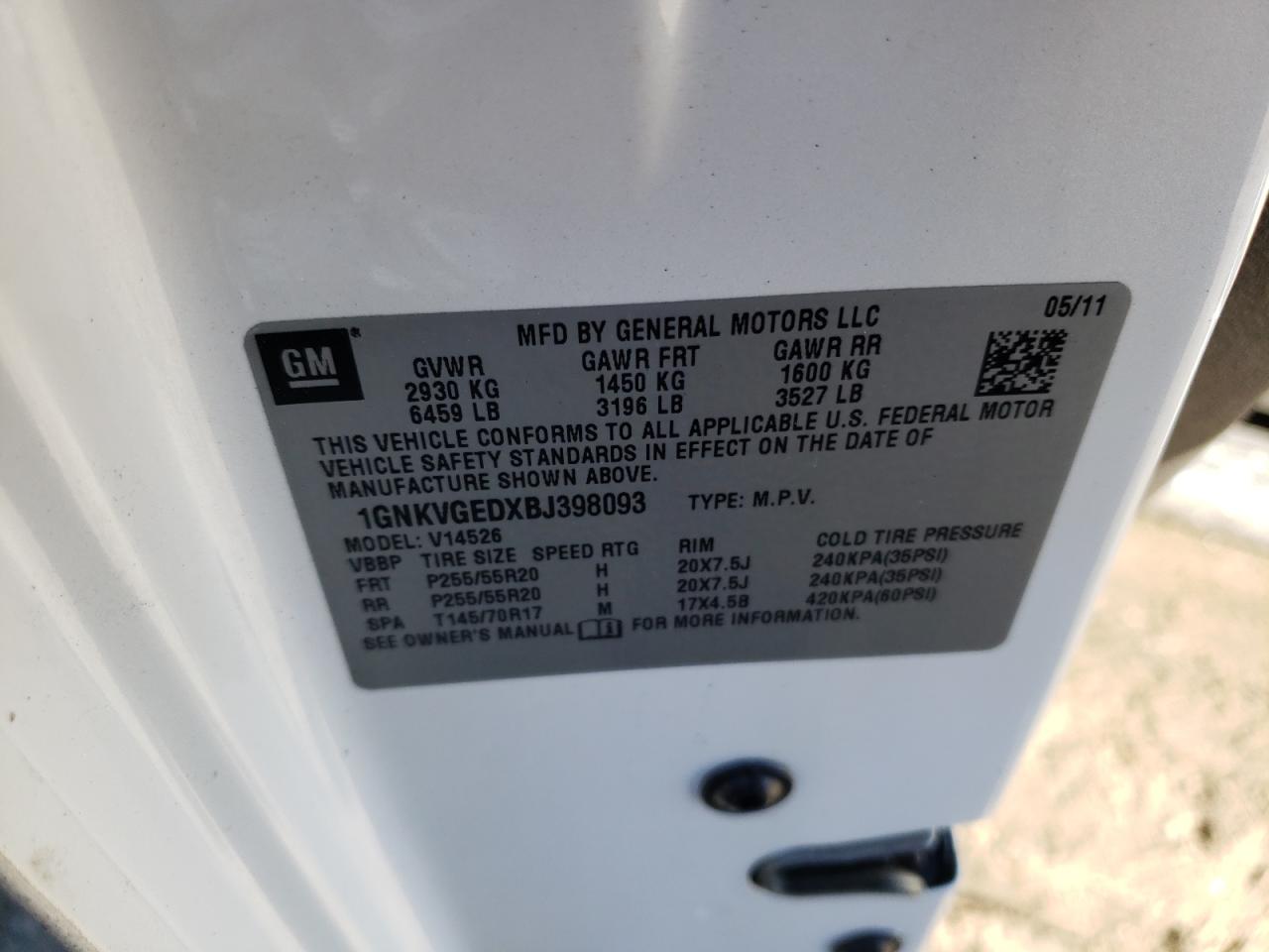 2011 Chevrolet Traverse VIN 1GNKVGEDXBJ398093 Copart auction photo, vandalism damage thumbnail 13