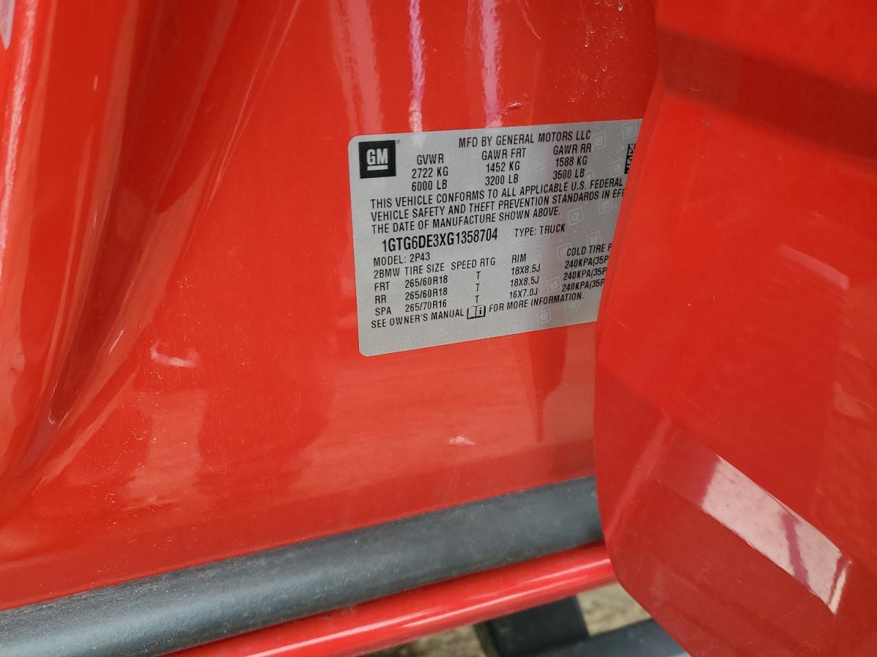 2016 GMC Canyon VIN 1GTG6DE3XG1358704 Copart auction photo, front end damage thumbnail 14