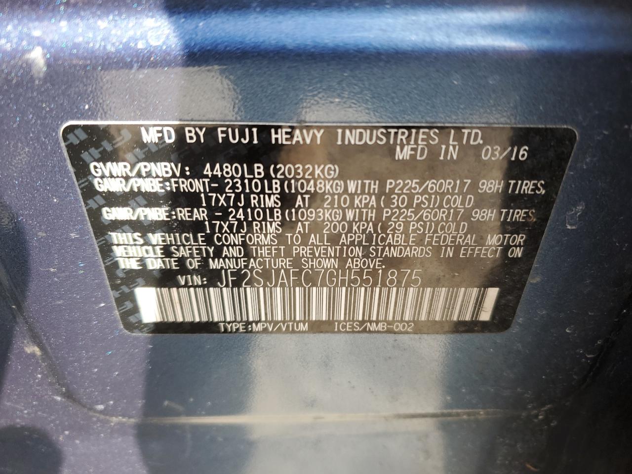 2016 Subaru Forester VIN JF2SJAFC7GH551875 Copart auction photo, front end / side damage thumbnail 13
