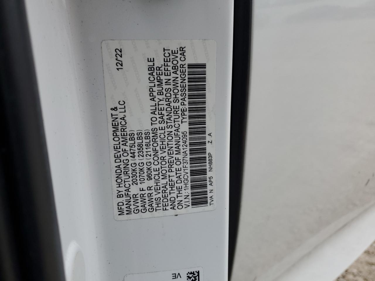 2022 Honda Accord VIN 1HGCV1F37NA124095 Copart auction photo, front end damage thumbnail 13