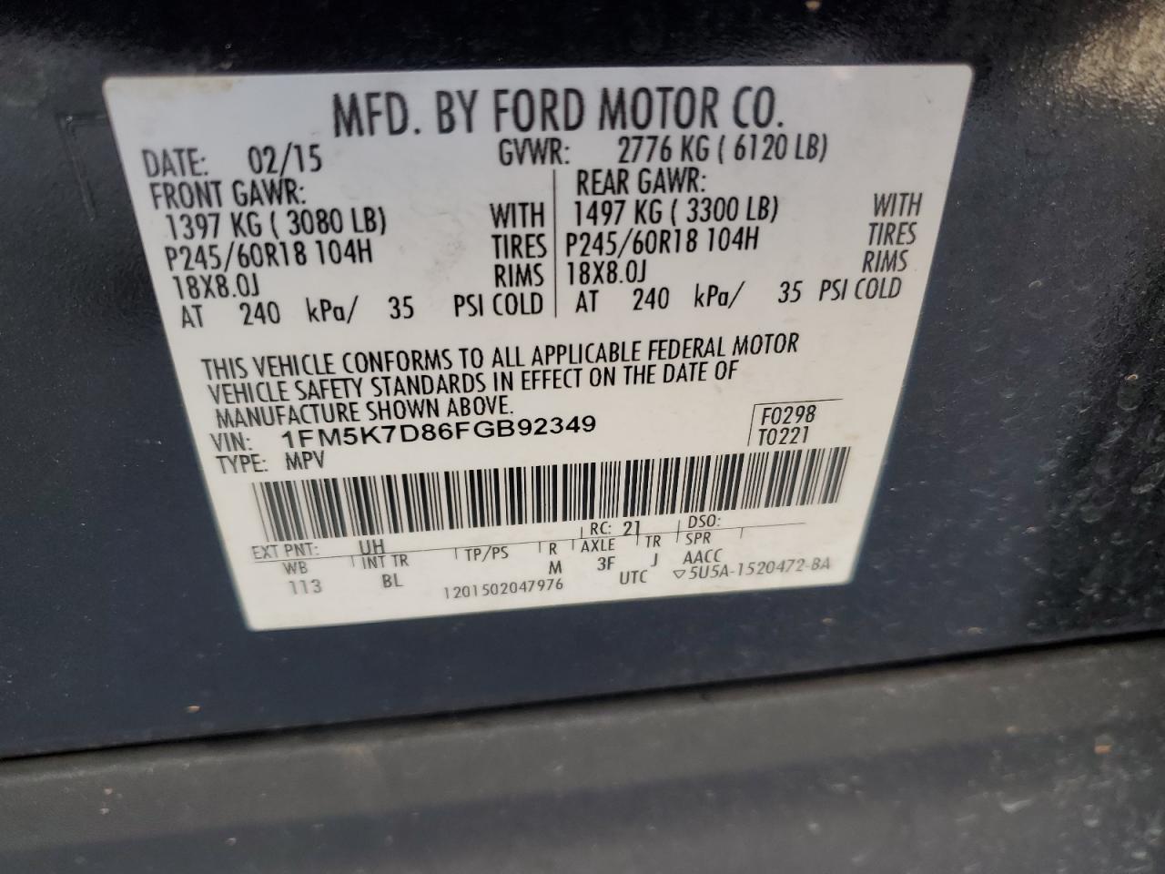 2015 Ford Explorer VIN 1FM5K7D86FGB92349 Copart auction photo, all over damage thumbnail 15