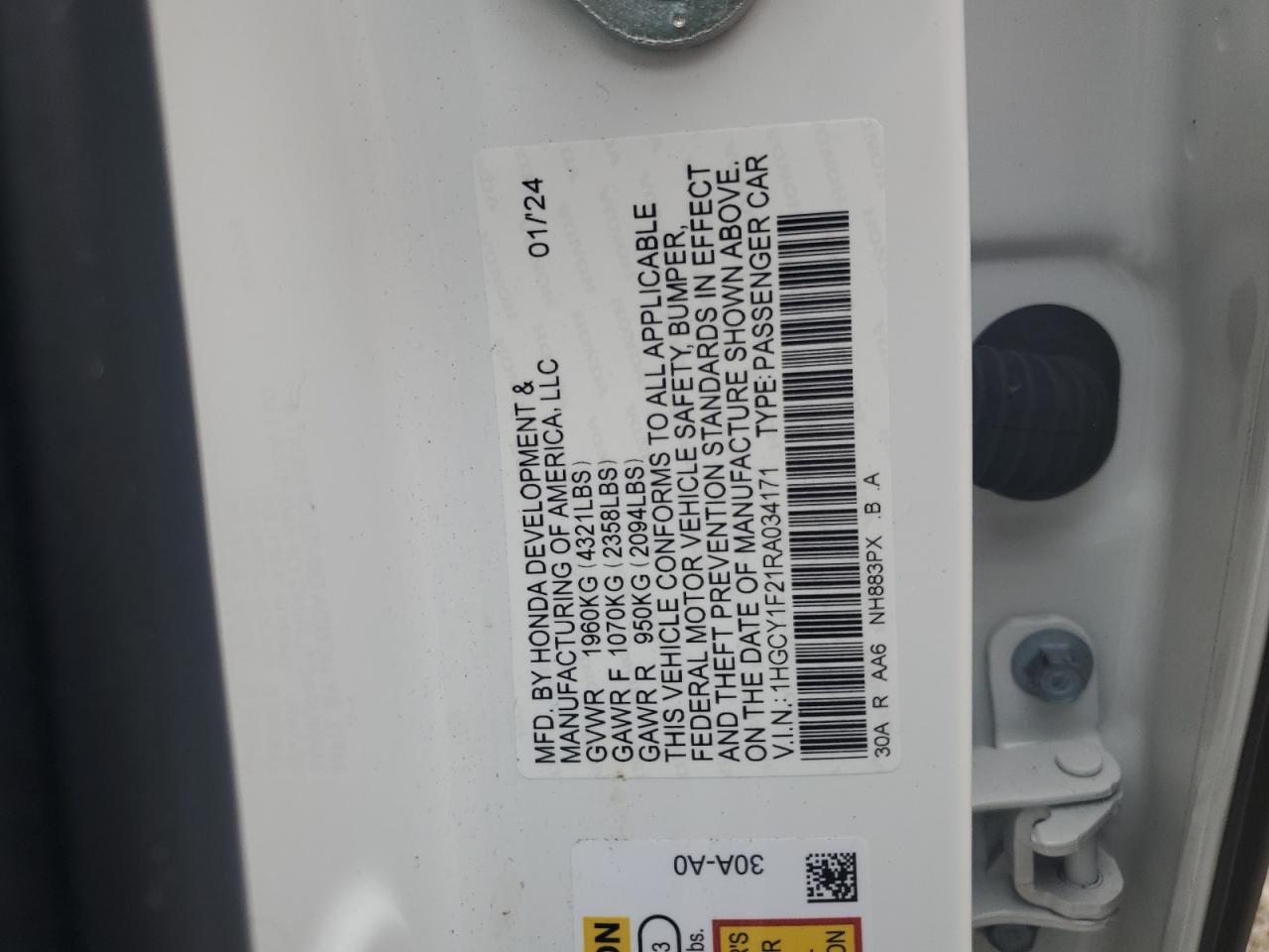 2024 Honda Accord VIN 1HGCY1F21RA034171 Copart auction photo, all over damage thumbnail 14