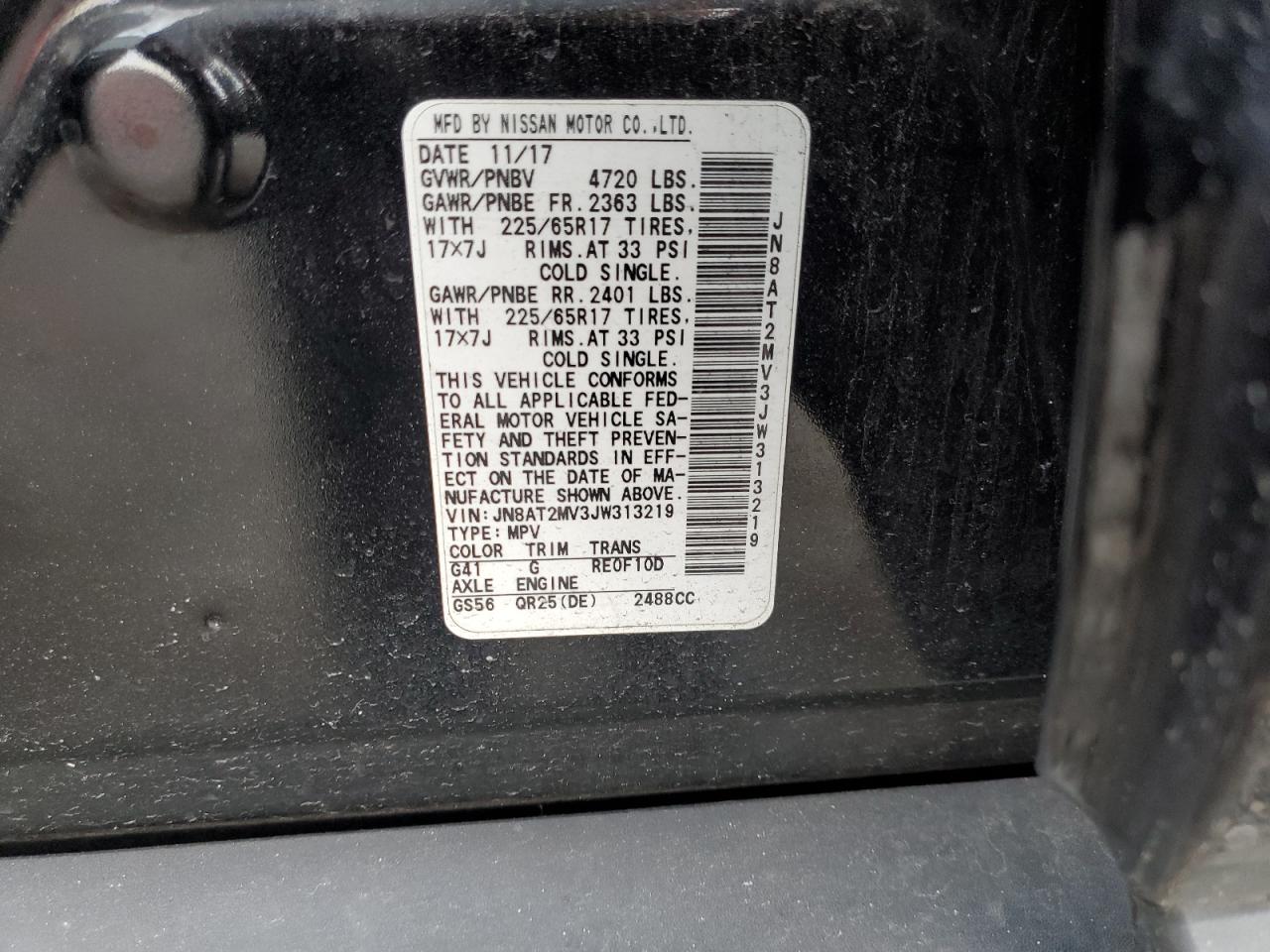 2018 Nissan Rogue VIN JN8AT2MV3JW313219 Copart auction photo, side / front end damage thumbnail 13