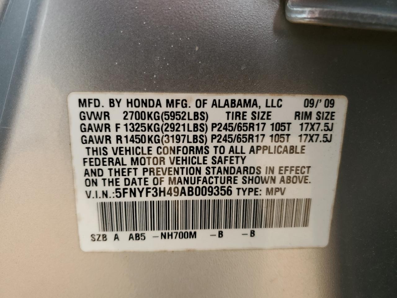 2010 Honda Pilot VIN 5FNYF3H49AB009356 Copart auction photo, mechanical damage thumbnail 13