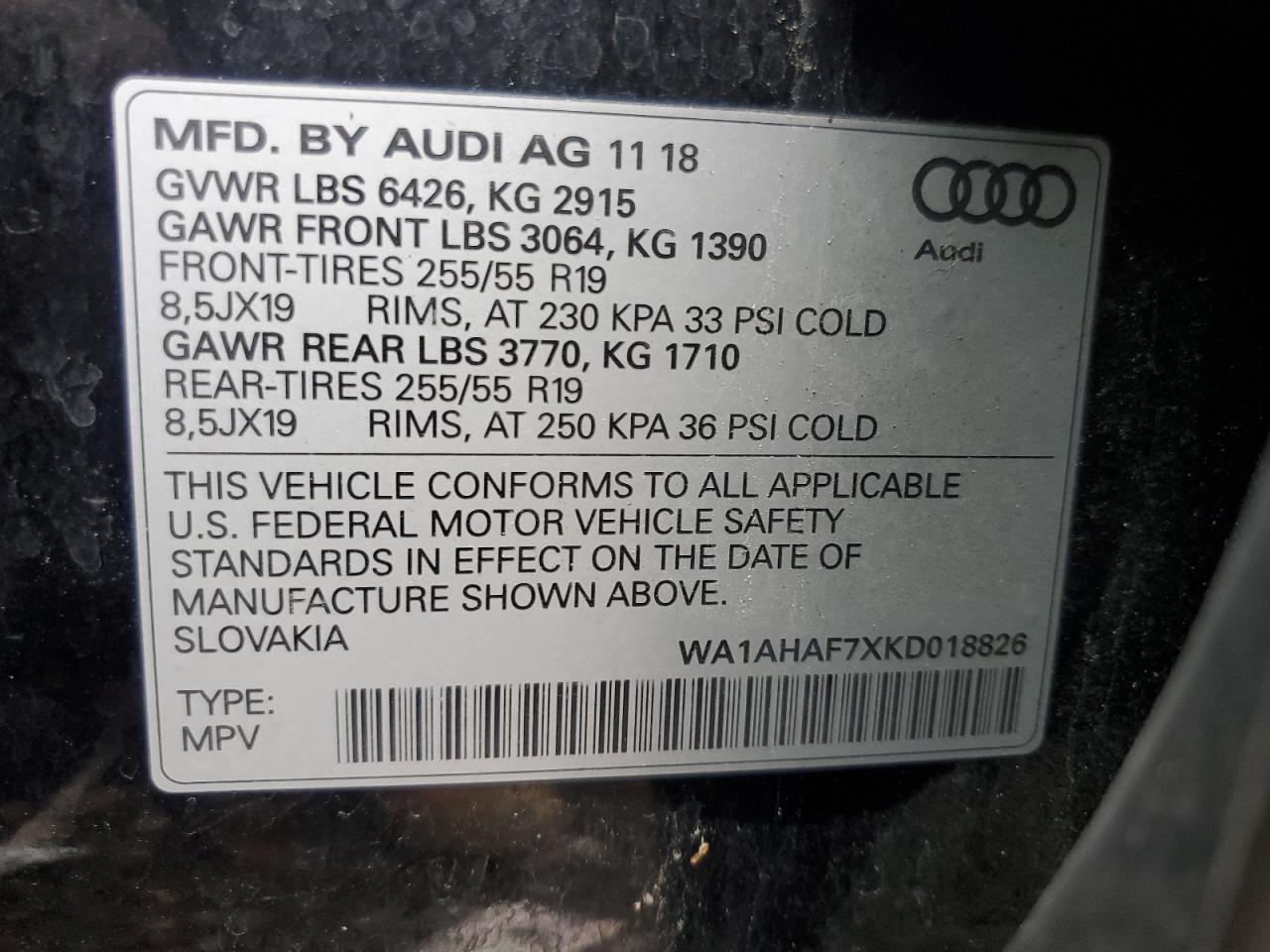 2019 Audi Q7 VIN WA1AHAF7XKD018826 Copart auction photo, front end / mechanical damage thumbnail 13