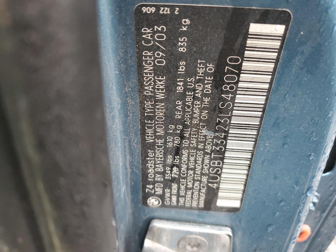 2003 BMW Z4 VIN 4USBT33423LS48070 Copart auction photo, rear end damage thumbnail 15