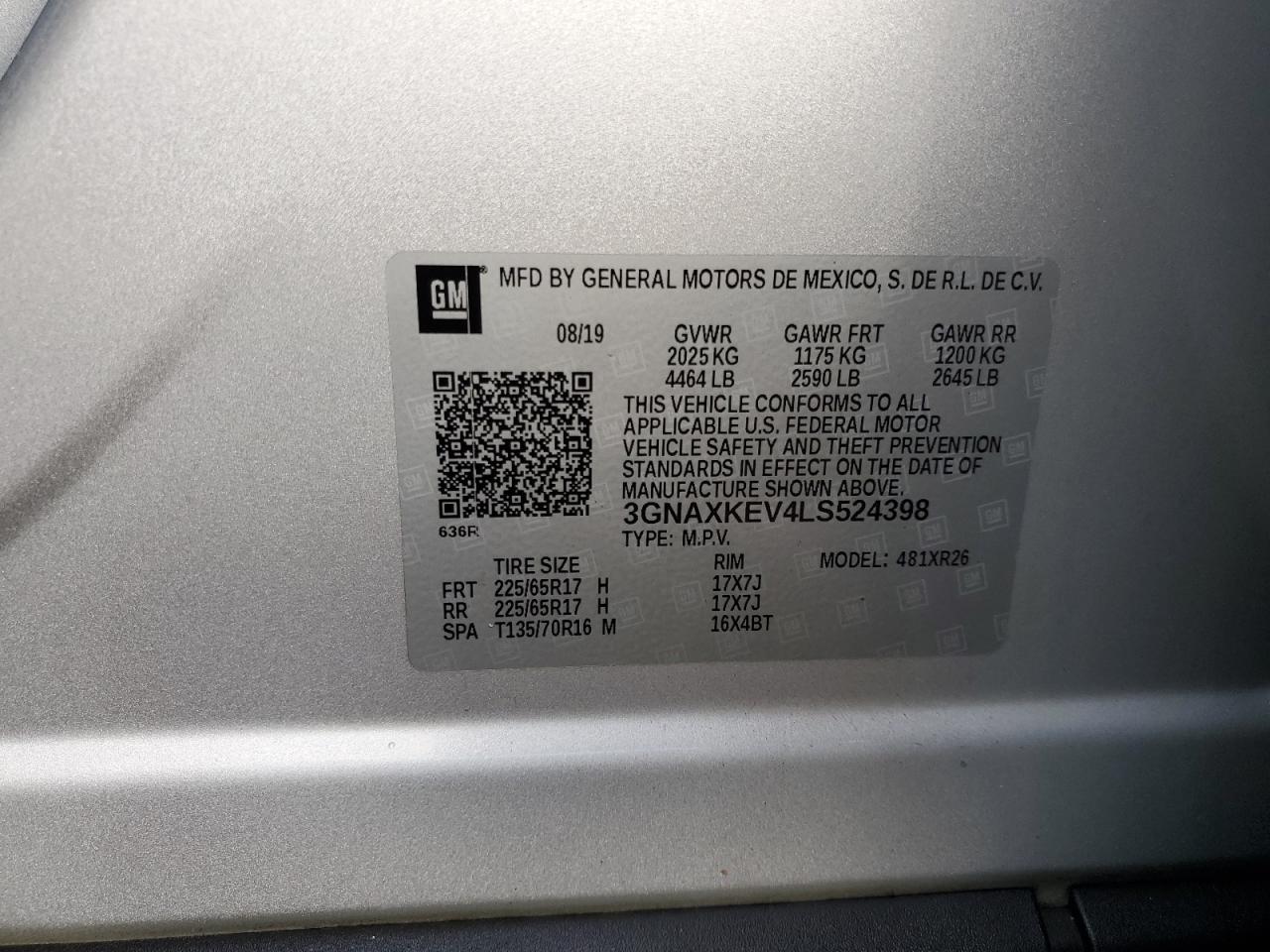 2020 Chevrolet Equinox VIN 3GNAXKEV4LS524398 Copart auction photo, all over damage thumbnail 13