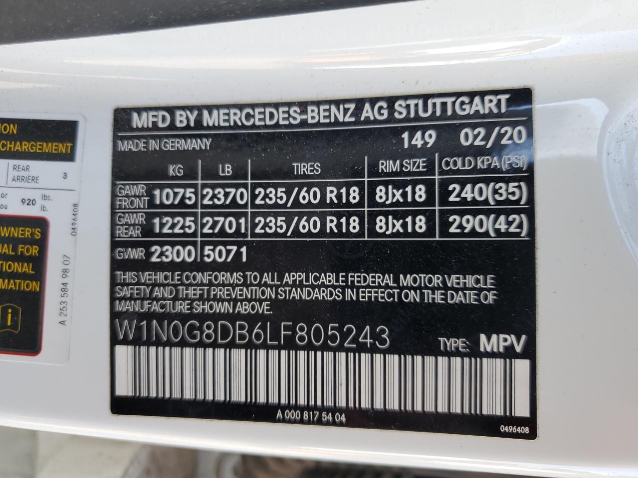 2020 Mercedes-Benz GLC VIN W1N0G8DB6LF805243 Copart auction photo, front end / side damage thumbnail 13