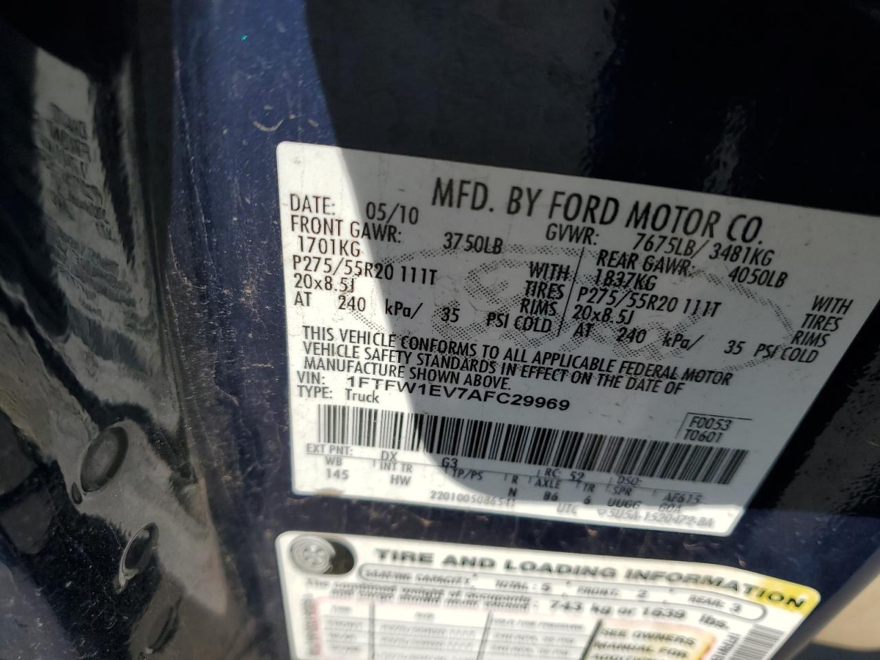 2010 Ford F-150 VIN 1FTFW1EV7AFC29969 Copart auction photo, rear end damage thumbnail 12