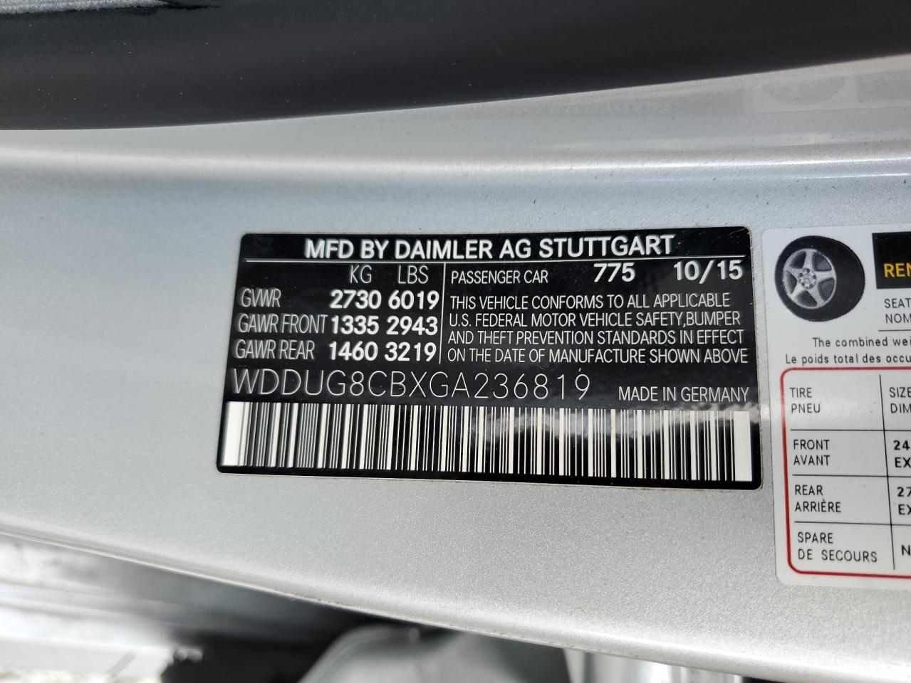 2016 Mercedes-Benz S-klasse VIN WDDUG8CBXGA236819 Copart auction photo, side / front end damage thumbnail 13