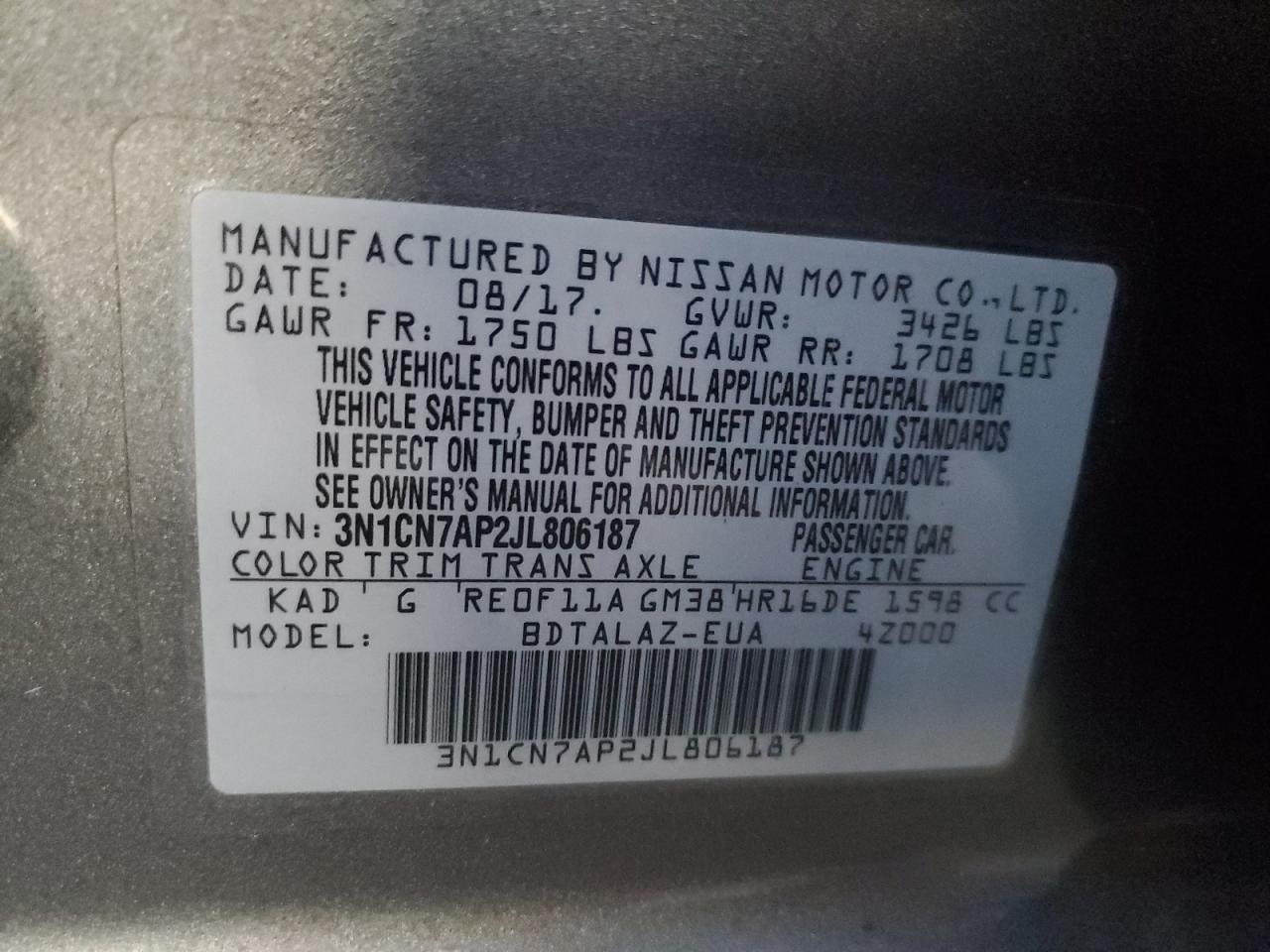 2018 Nissan Versa VIN 3N1CN7AP2JL806187 Copart auction photo, front end damage thumbnail 13