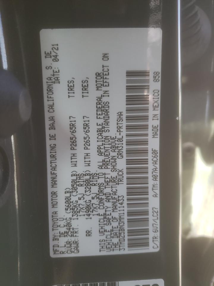 2021 Toyota Tacoma VIN 3TMDZ5BN3MM111433 Copart auction photo, rear end / side damage thumbnail 12