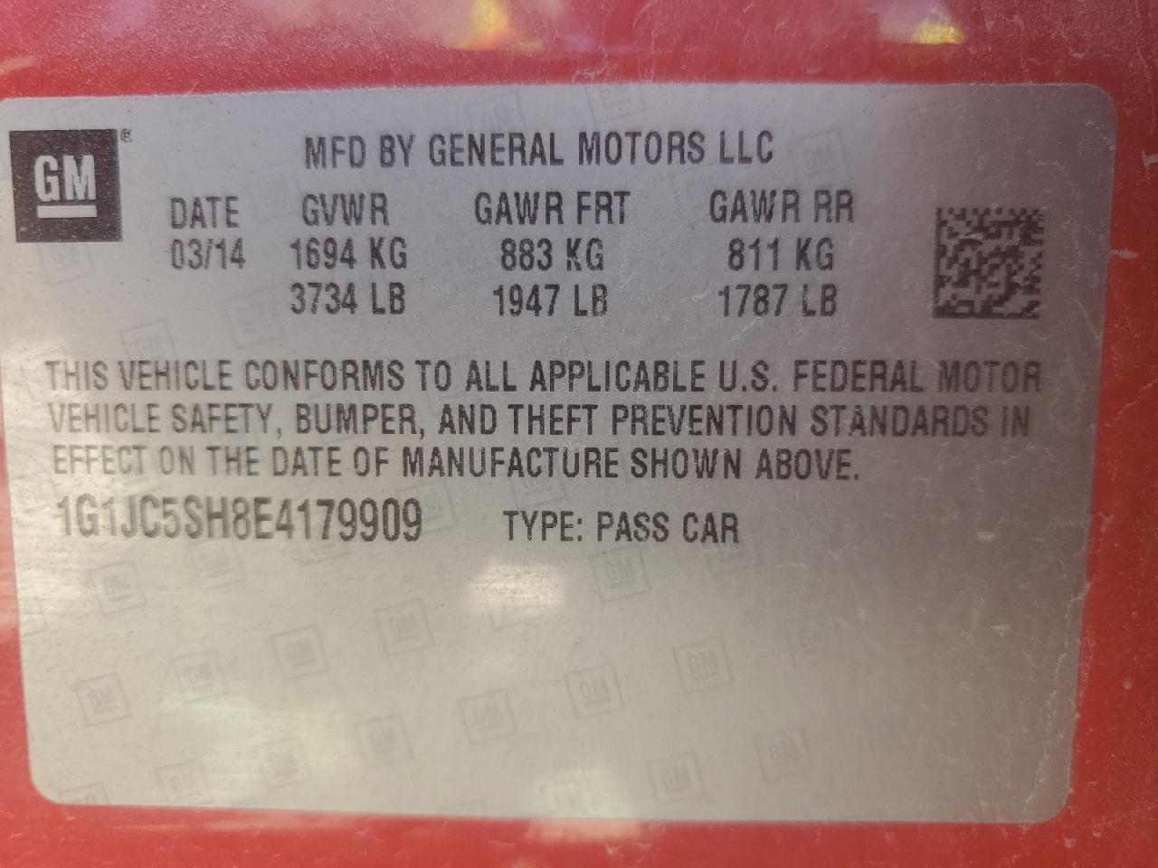 2014 Chevrolet Sonic VIN 1G1JC5SH8E4179909 Copart auction photo, front end / minor dent/scratches damage thumbnail 15