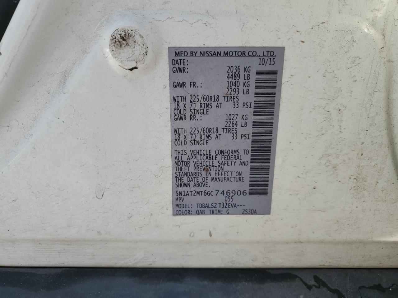 2016 Nissan Rogue VIN 5N1AT2MT6GC746906 Copart auction photo, side / front end damage thumbnail 15
