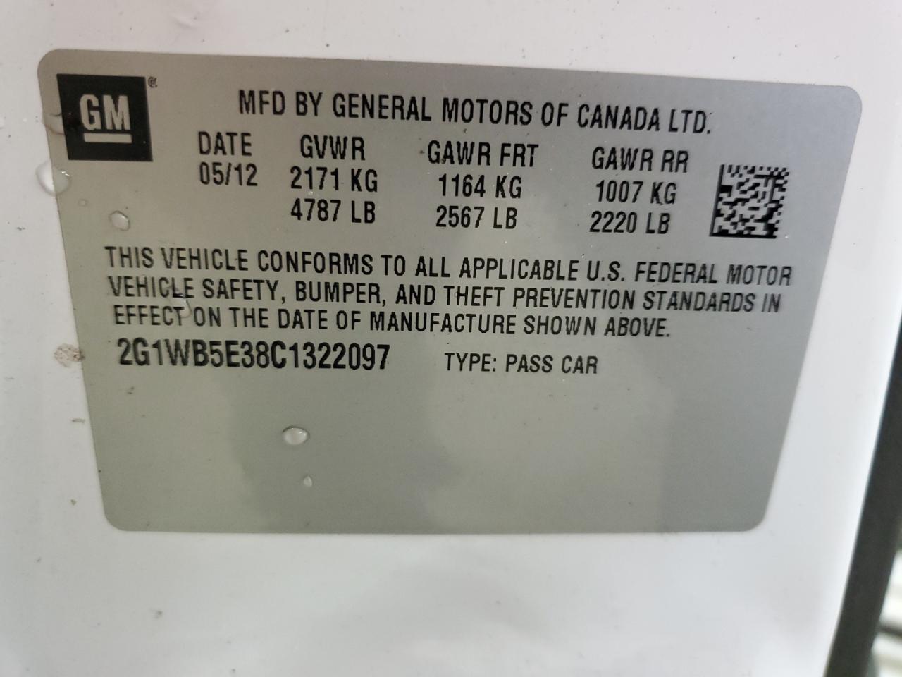 2012 Chevrolet Impala VIN 2G1WB5E38C1322097 Copart auction photo, front end damage thumbnail 12