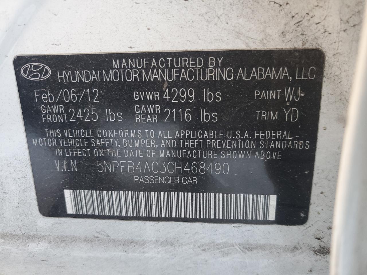 2012 Hyundai Sonata VIN 5NPEB4AC3CH468490 Copart auction photo, rear end / front end damage thumbnail 14