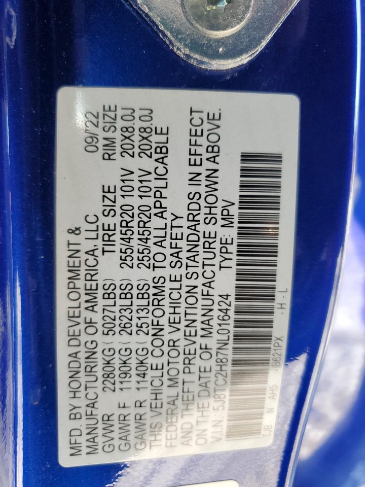 2022 Acura RDX VIN 5J8TC2H87NL016424 Copart auction photo, front end / rejected repair damage thumbnail 14