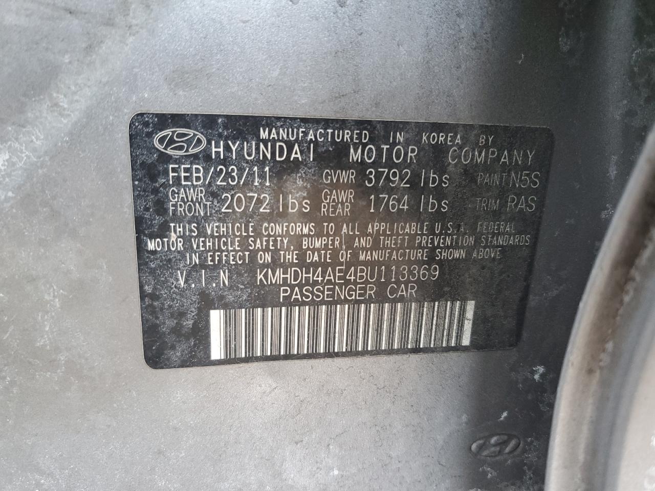 2011 Hyundai Elantra VIN KMHDH4AE4BU113369 Copart auction photo, minor dent/scratches damage thumbnail 12