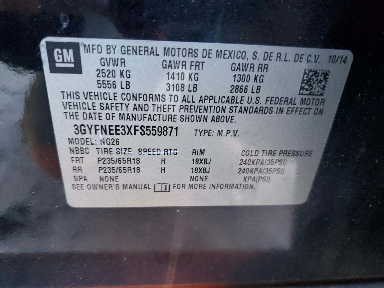 2015 Cadillac SRX VIN 3GYFNEE3XFS559871 Copart auction photo, burn damage thumbnail 14