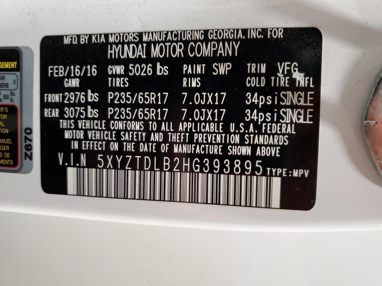 2017 Hyundai Santa Fe VIN 5XYZTDLB2HG393895 Copart auction photo, front end / side damage thumbnail 15
