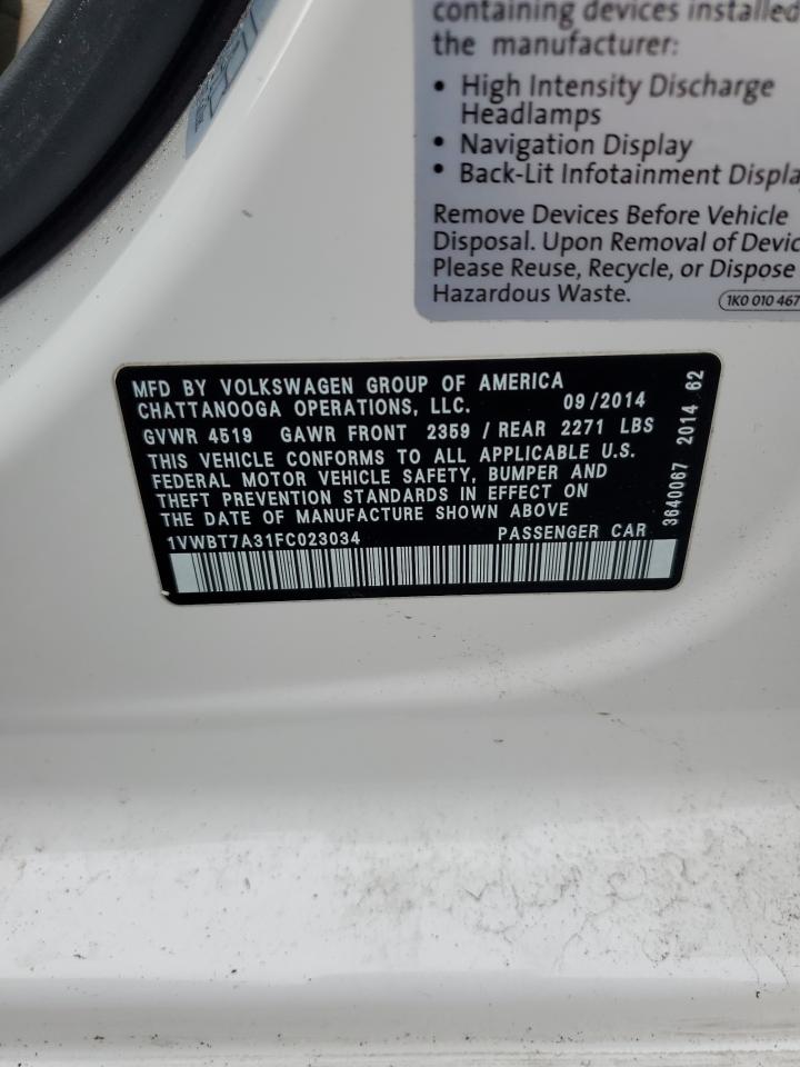2015 Volkswagen Passat VIN 1VWBT7A31FC023034 Copart auction photo, front end damage thumbnail 12