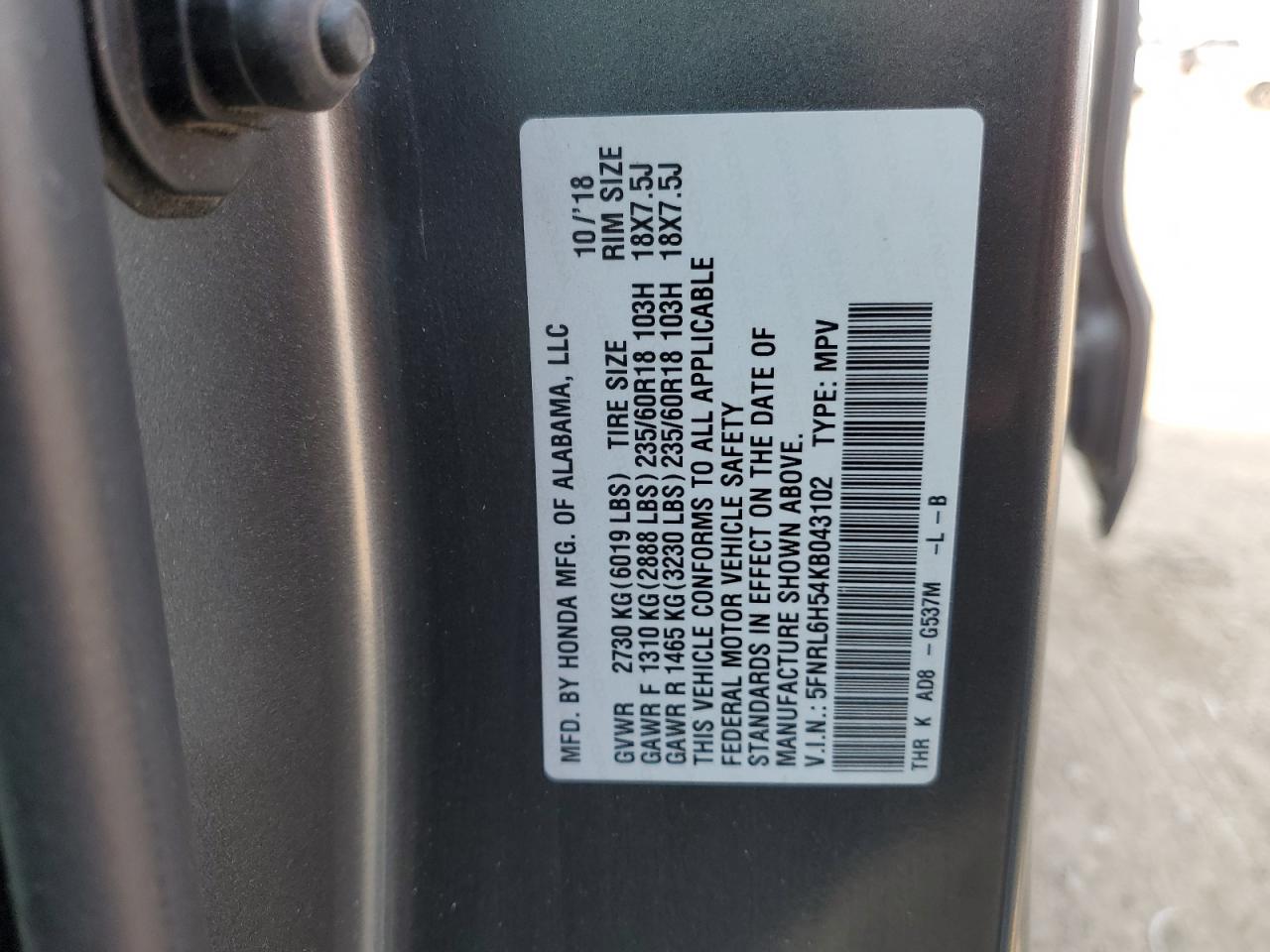2019 Honda Odyssey VIN 5FNRL6H54KB043102 Copart auction photo, all over / undercarriage damage thumbnail 16