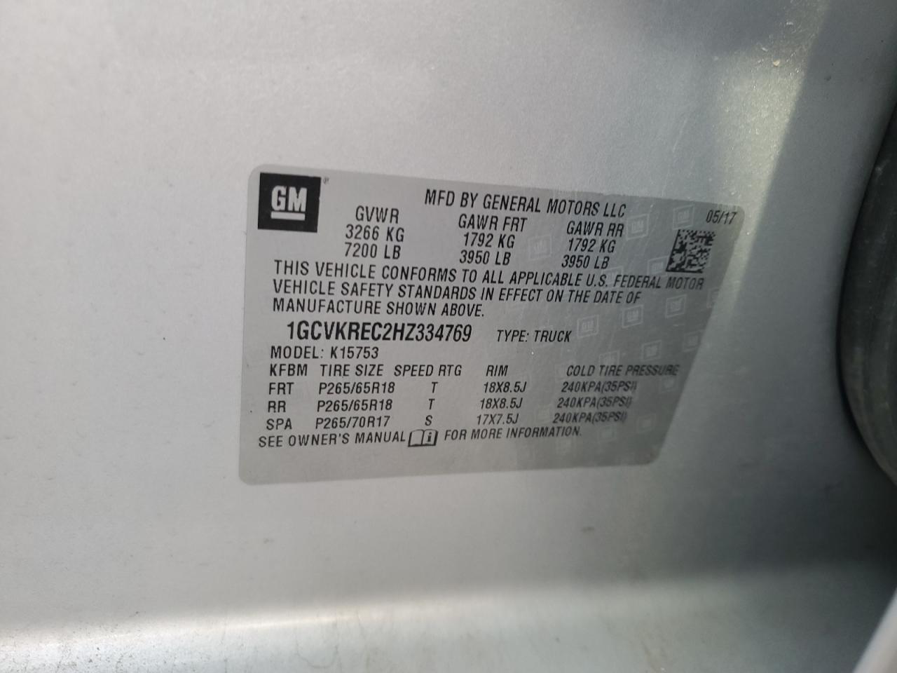 2017 Chevrolet Silverado VIN 1GCVKREC2HZ334769 Copart auction photo, rollover damage thumbnail 15