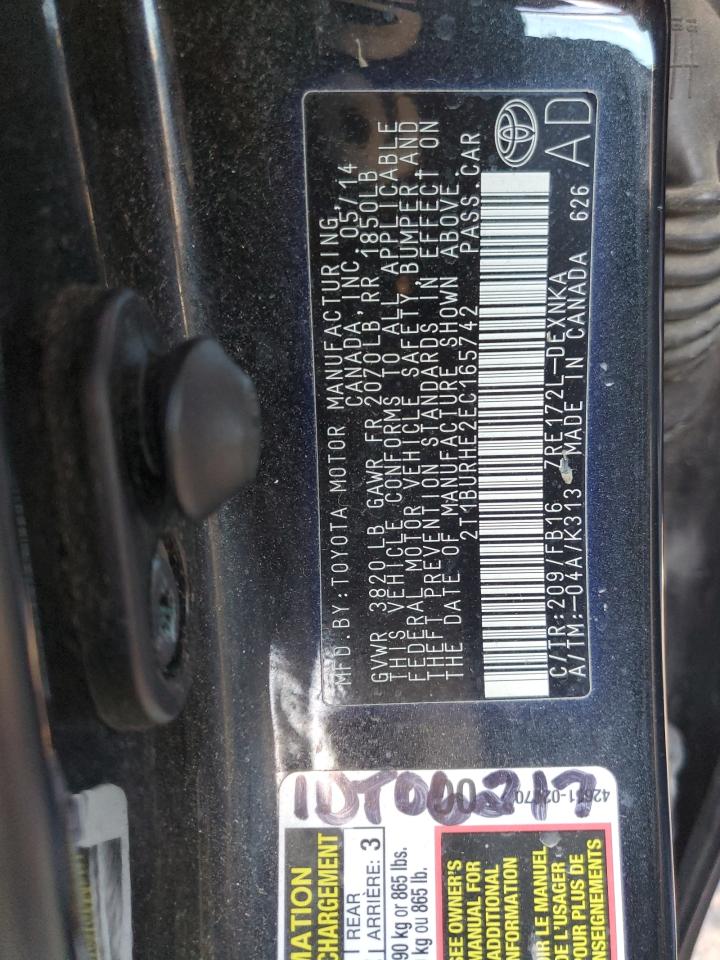 2014 Toyota Corolla VIN 2T1BURHE2EC165742 Copart auction photo, front end / top/roof damage thumbnail 14