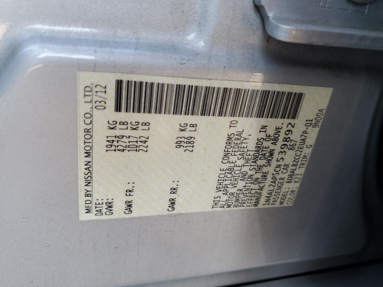 2012 Nissan Altima VIN 1N4AL2AP5CN539892 Copart auction photo, rear end damage thumbnail 12