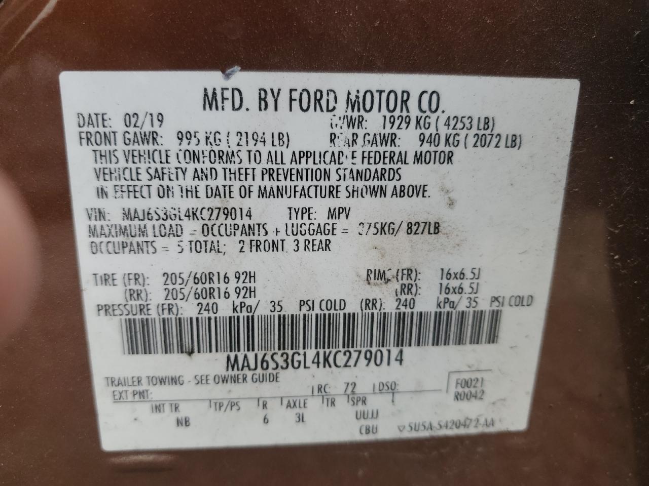 2019 Ford EcoSport VIN MAJ6S3GL4KC279014 Copart auction photo, all over damage thumbnail 13
