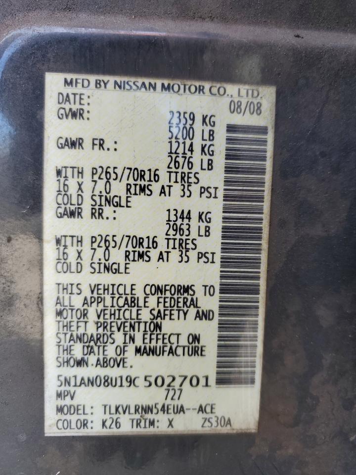 2009 Nissan XTerra VIN 5N1AN08U19C502701 Copart auction photo, side / front end damage thumbnail 15